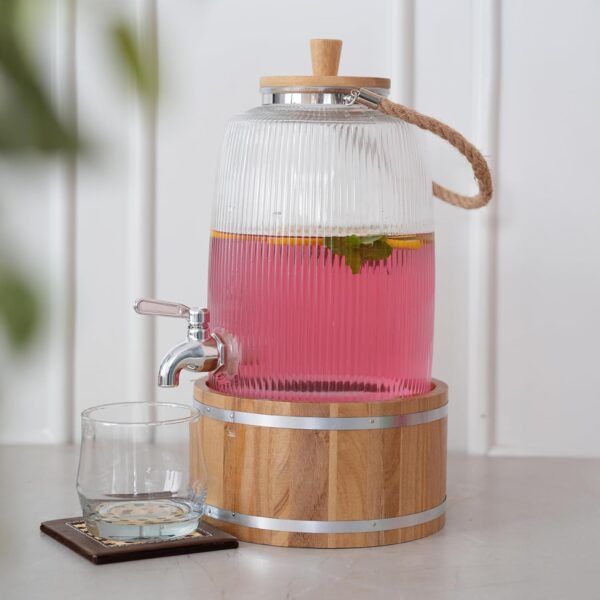 Glass Beverage Dispenser 3L with Wooden Stand, Ribbed Design