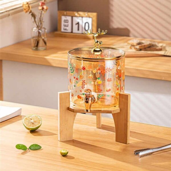 3.6L Borosilicate Glass Dispenser | Bamboo Wooden Base, Golden Lid & Deer Handle